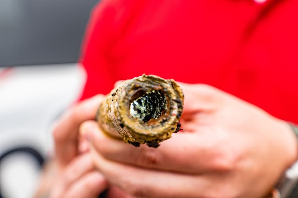 A person holds a corroded, clogged metal pipe horizontally, showing the buildup inside the pipe’s open end—a warning sign that could lead to pipes burst if not addressed.