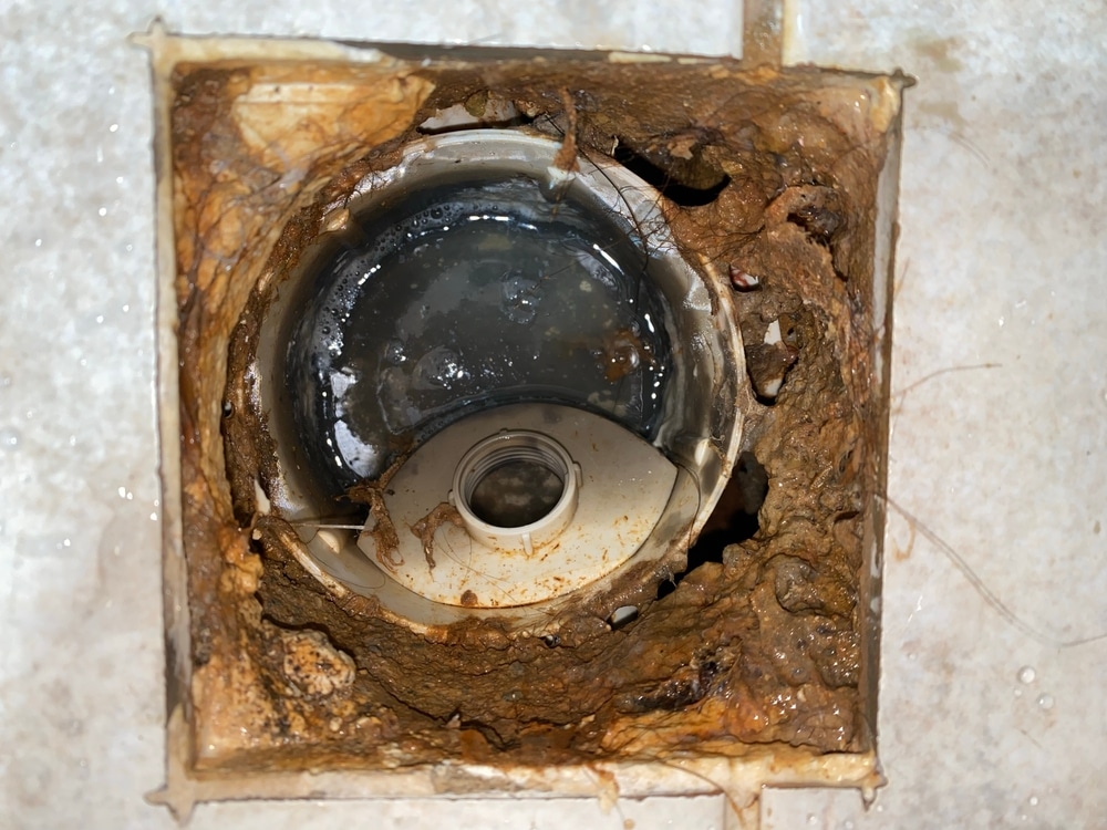 A close-up view of a heavily rusted and corroded floor drain set in dirty, stained tile hints at a strong sewer smell or unpleasant odor filling the house.