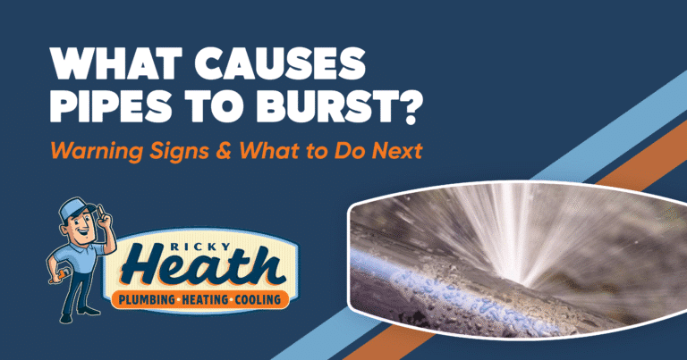 A graphic for Ricky Heath Plumbing, Heating, Cooling asks "What causes pipes to burst?" while water sprays from a broken pipe, highlighting warning signs and what to do if your pipes burst.