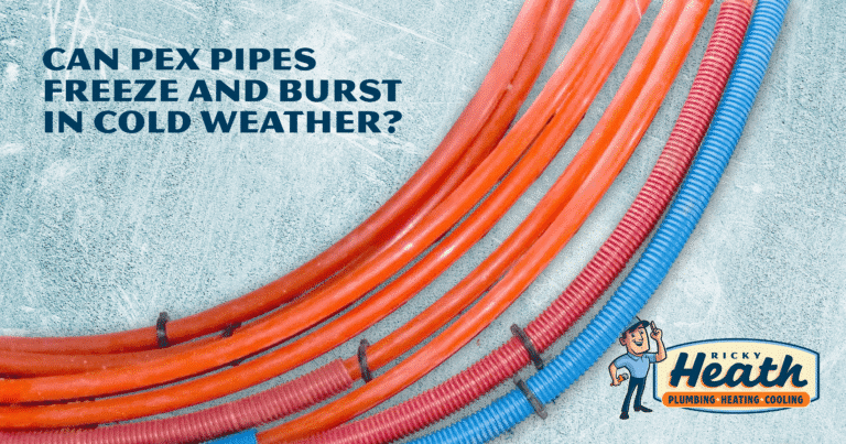 Red and blue PEX pipes are coiled against a textured background, with text asking if PEX pipes freeze or burst in cold weather. Ricky Heath Plumbing logo appears in the bottom right corner.