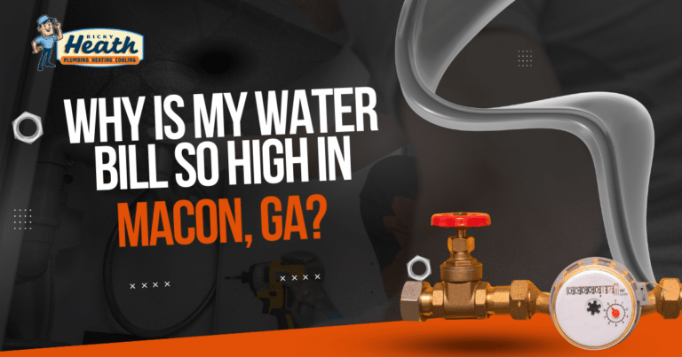A water meter and valve with the text: "Why is my water bill so high in Macon, GA?" on a plumbing-themed background, highlighting common water bill reasons and concerns about high water usage.