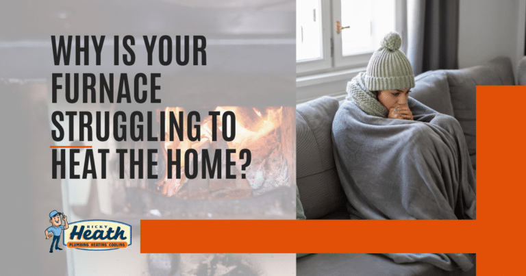 A person bundled in winter clothing and a blanket sits indoors near a window, struggling to heat their home, with text about furnace troubles and a visible burning fire on the left.
