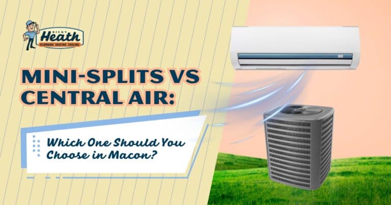 Illustration comparing Mini-Splits and Central Air units, with text asking which to choose in Macon, set against a striped and outdoor background.