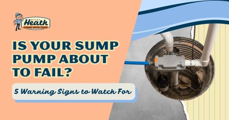 A sump pump installed in a basement with text that reads: “Is your sump pump about to fail? 5 warning signs of pump failure to watch for.”.