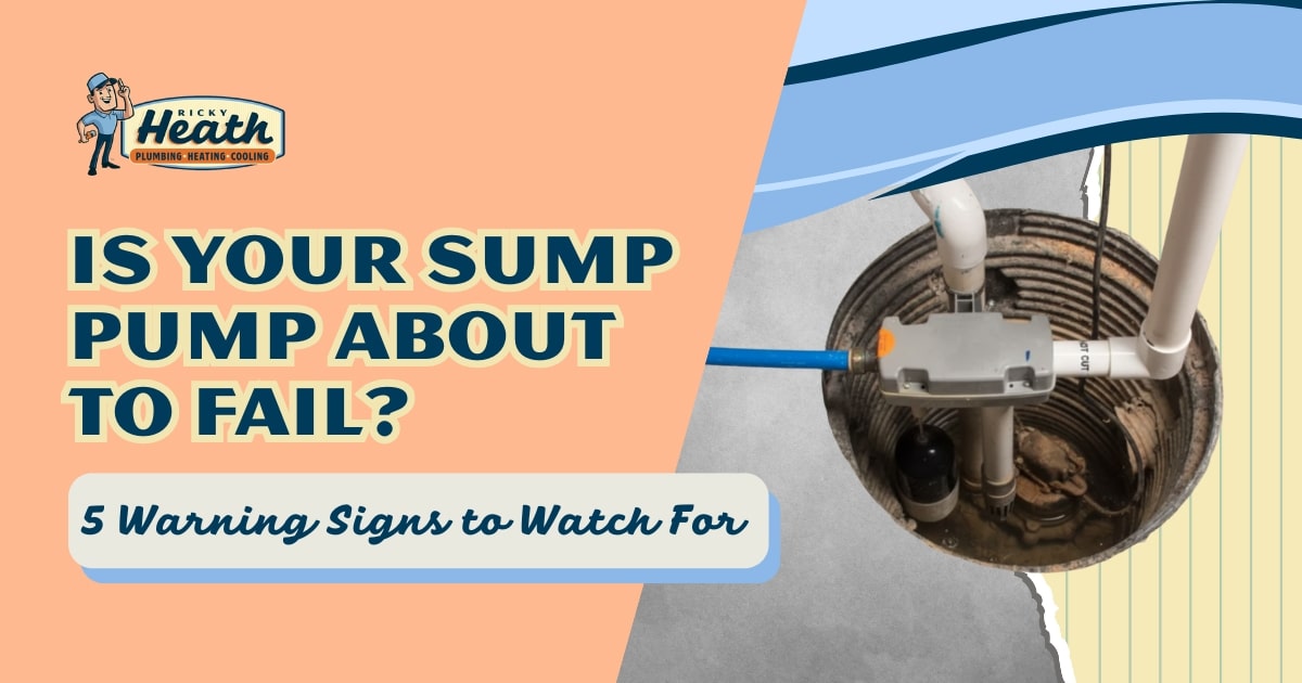 A sump pump installed in a basement with text that reads: “Is your sump pump about to fail? 5 warning signs of pump failure to watch for.”.