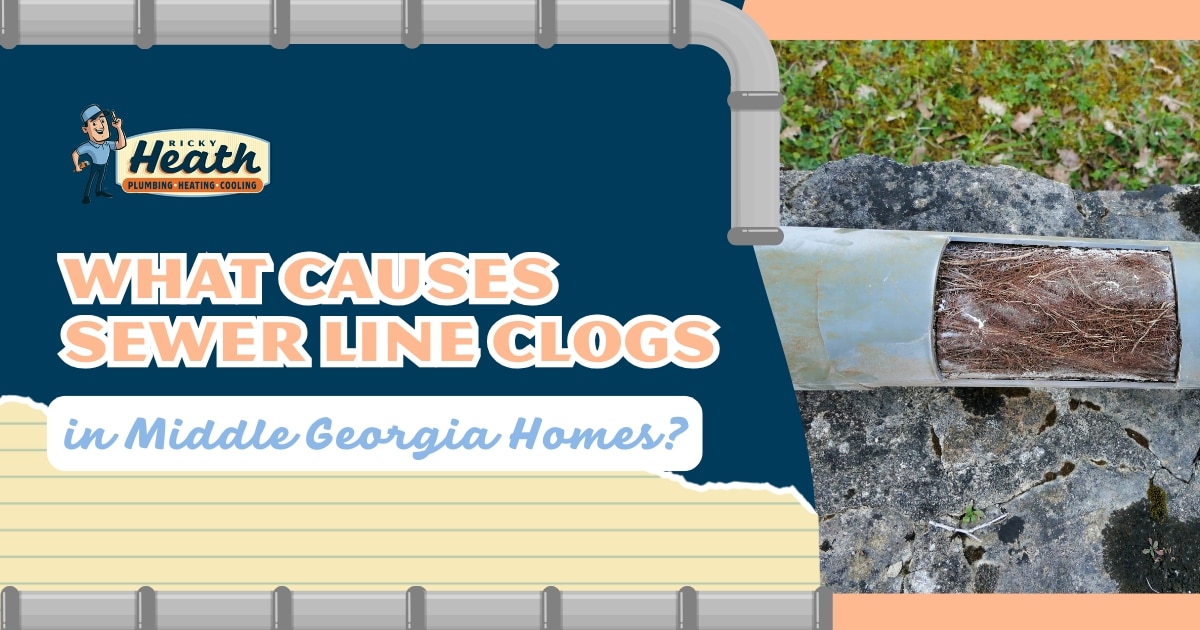 A cut-open sewer pipe filled with tree roots lies on a stone surface next to text about causes of sewer line clogs in Middle Georgia homes.