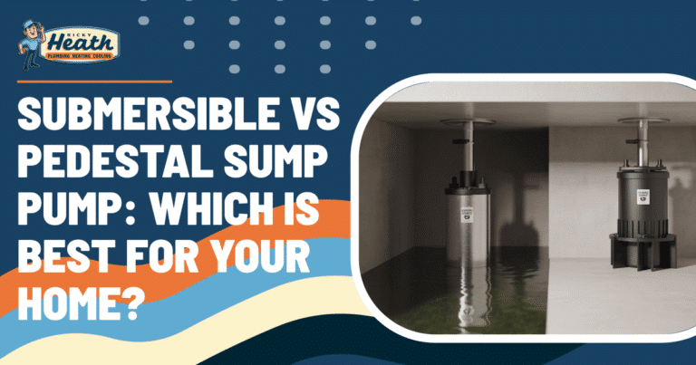 Illustration comparing pedestal sump pump and submersible sump pump, with text asking which is the best sump pump for your home, alongside images of both types in a basement setting.