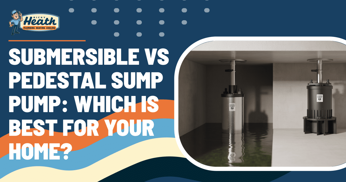 Illustration comparing pedestal sump pump and submersible sump pump, with text asking which is the best sump pump for your home, alongside images of both types in a basement setting.