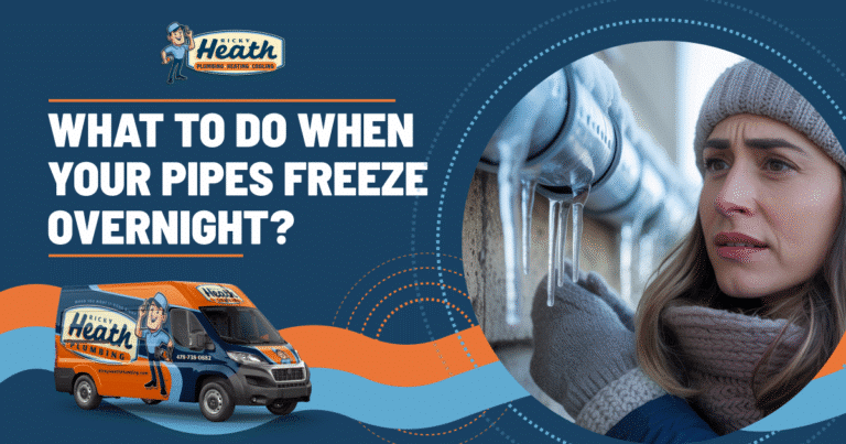 A woman in winter clothing examines frozen pipes with icicles; text reads "What to do when your pipes freeze overnight?" alongside a plumbing service van and logo—helpful advice on what to do if your frozen pipes need urgent attention.
