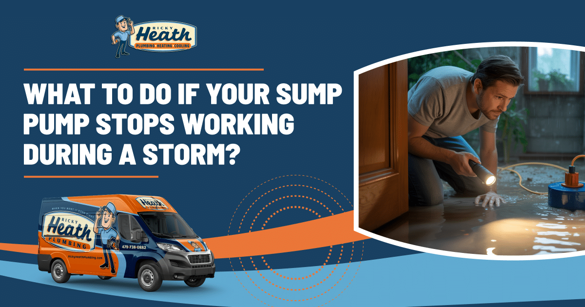 Man checks sump pump in a flooded room with a flashlight as text asks, "What to do if your sump pump stops working during a storm?" Mickey Heath Plumbing van shown.