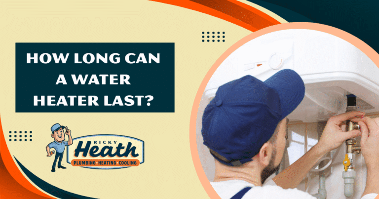 A plumber in a blue cap works on a water heater next to a sign reading, "How long can a water heater last?"—highlighting questions about water heater lifespan—with the Ricky Heath Plumbing, Heating, Cooling logo nearby.